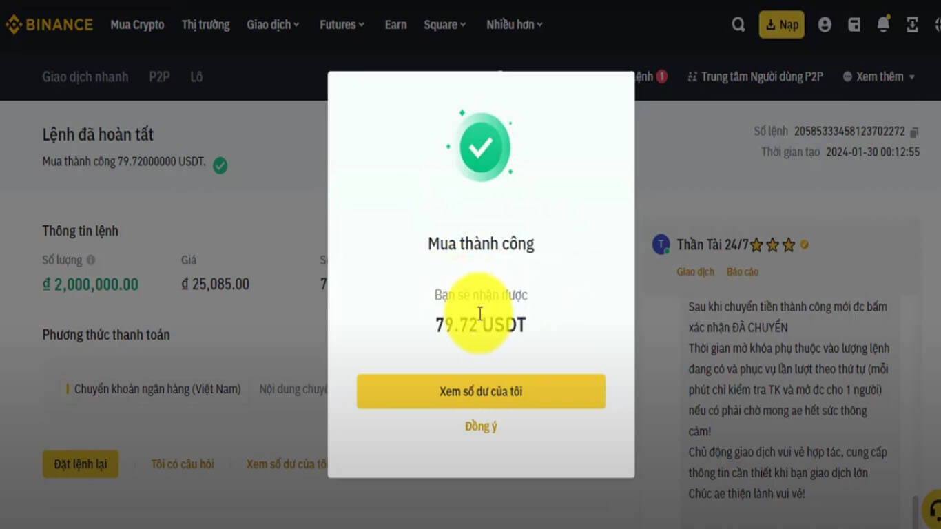 Mua USDT trên Binance thành công