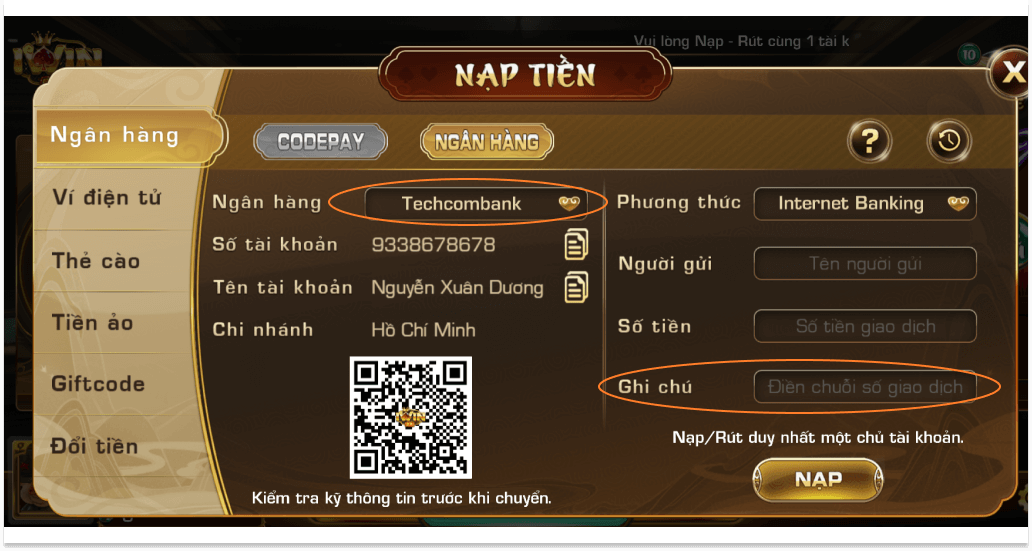 Nạp tiền vào Iwin Club qua ngân hàng Techcombank