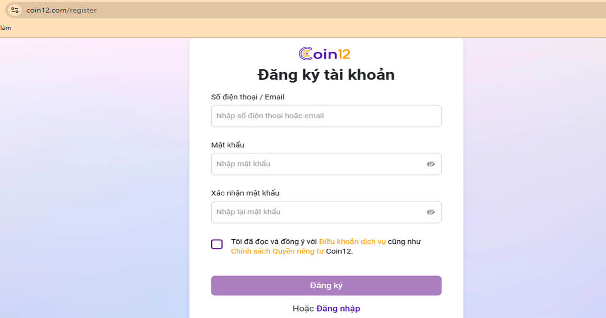 Đăng ký tài khoản sàn Coin 12